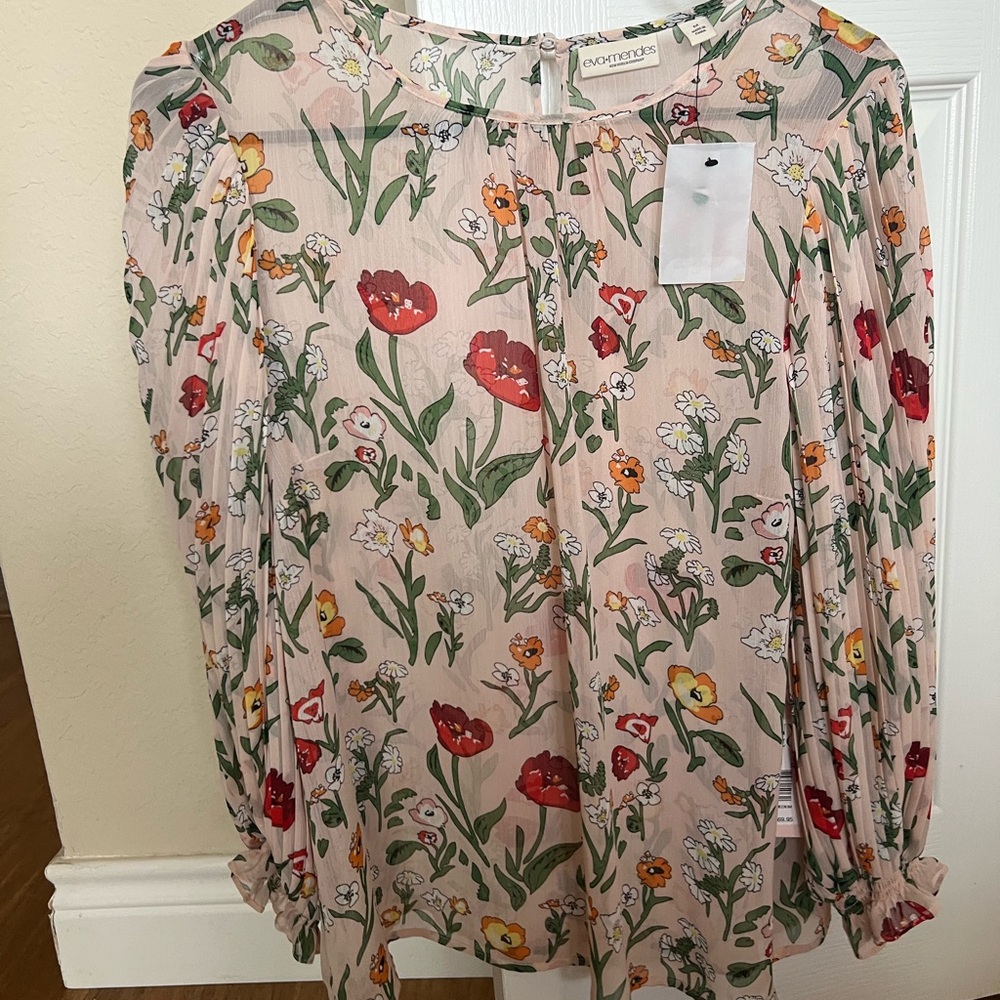 Eva Mendes for New York & Company women's pastel floral patterned blouse.